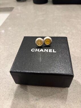 CHANEL authentic Gold & Silver CC Round Logo Earrings comes with COA